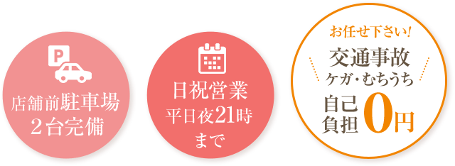 店舗前駐車場2台完備 日祝営業 平日夜21時まで 交通事故 自己負担0円
